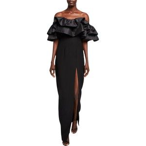 $2100 Rasario Women's Ruffled Off-the-Shoulder Black Column Dress Size 4 NWT